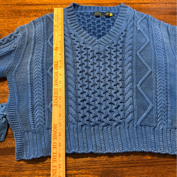 Polo Ralph Lauren Distressed M Blue Knit V Neck Sweater 100 % Cotton Cable Knit - Picture 10 of 11